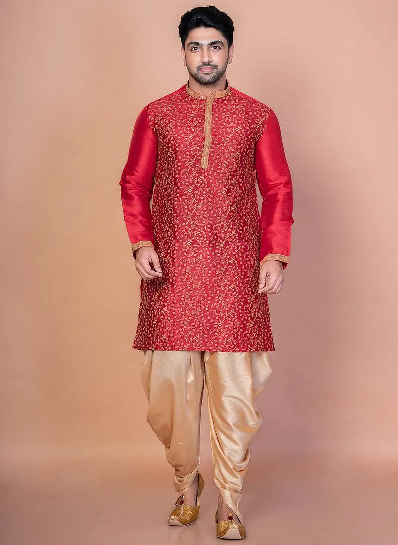 Red Banarasi Silk Kurta For Men With Embroidery Work